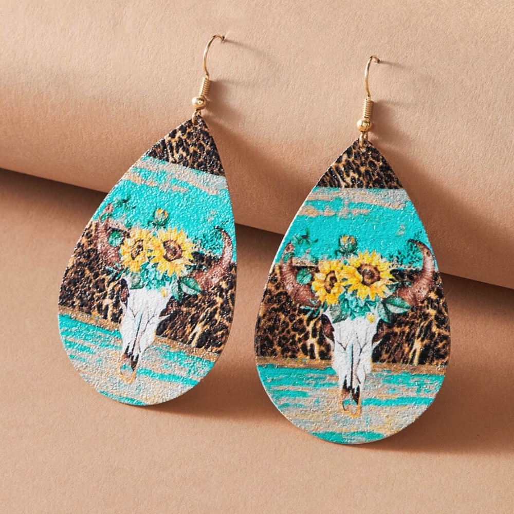 Bohemian Gypsy Sunflower Teal Drop Earrings - Picture 5 of 5